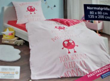 2 tlg. Kinder Feinbiber Wende Bettwäsche Monster Design Baumwolle 135x200cm NEU