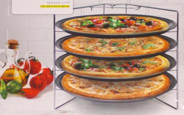 Set mit 4 Pizzablechen und Ständer platzsparend zusammenklappbares Gestell B32xL27xH26cm