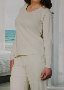 2 tlg. Damen Schlafanzug Pyjama lang Nachtwäsche Gr.M L XL creme NEU TOP