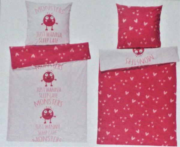 2 tlg. Kinder Feinbiber Wende Bettwäsche Monster Design Baumwolle 135x200cm NEU