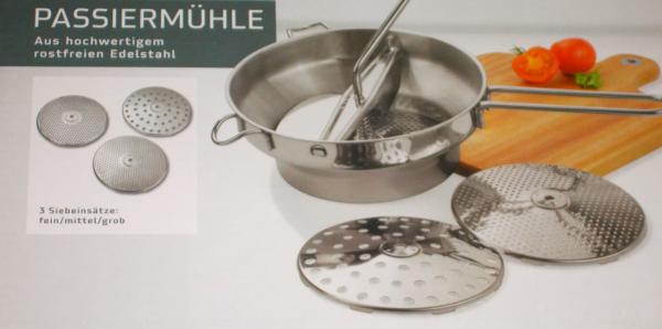 Edelstahl Passiermühle inkl. 3 Siebeinsätze fein/mittel/grob