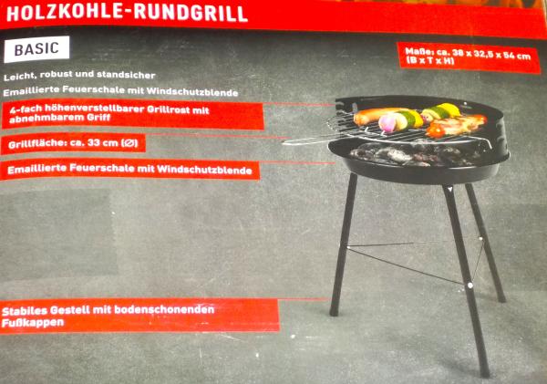 Grillmeister Holzkohle Rundgrill Basic Emaillierte Feuerschale 33cm Grillfläche
